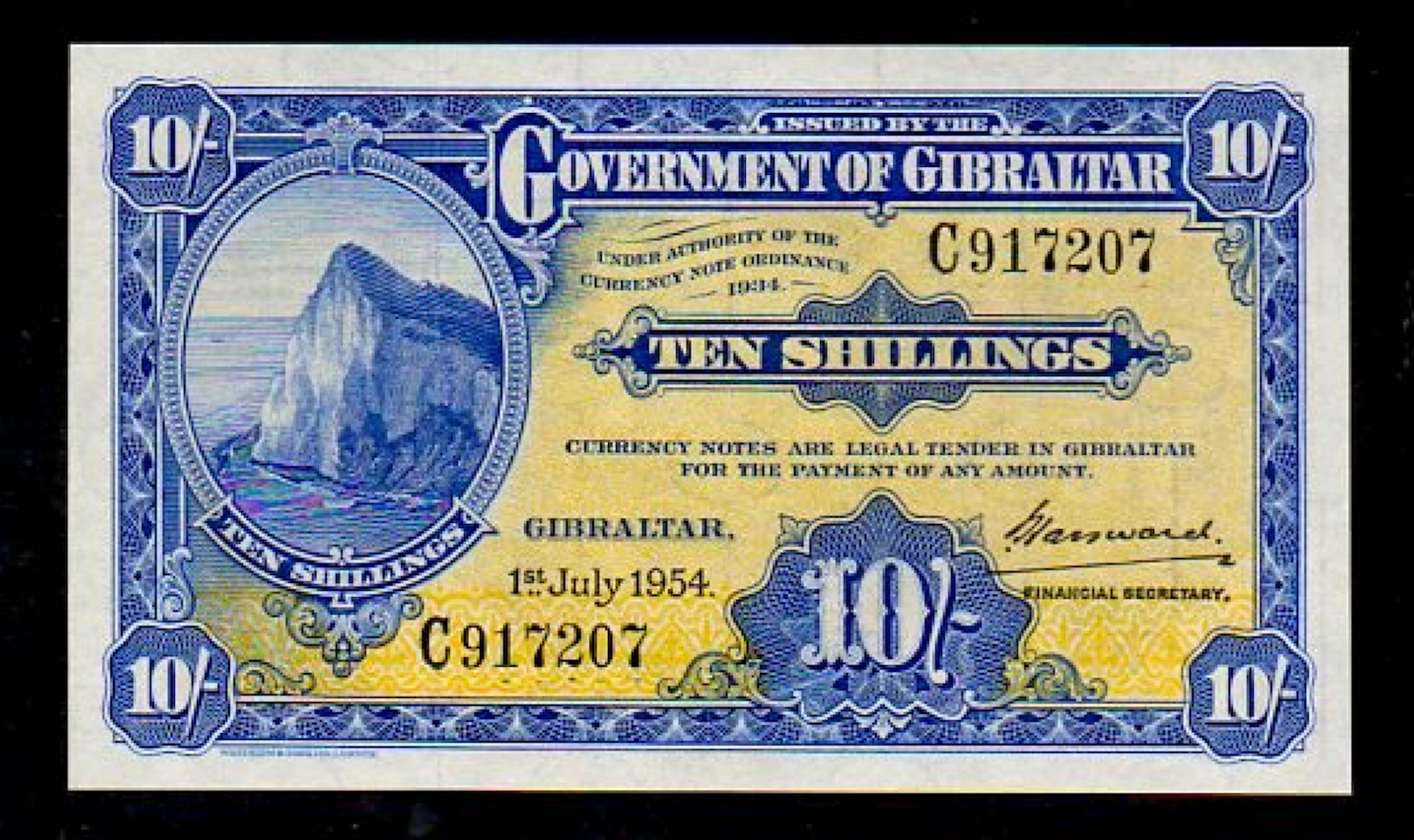 GIBRALTAR P14c 1954 10 SHILLINGS SUPERB GEM UNCIRCULATED BANK NOTE CURRENCY