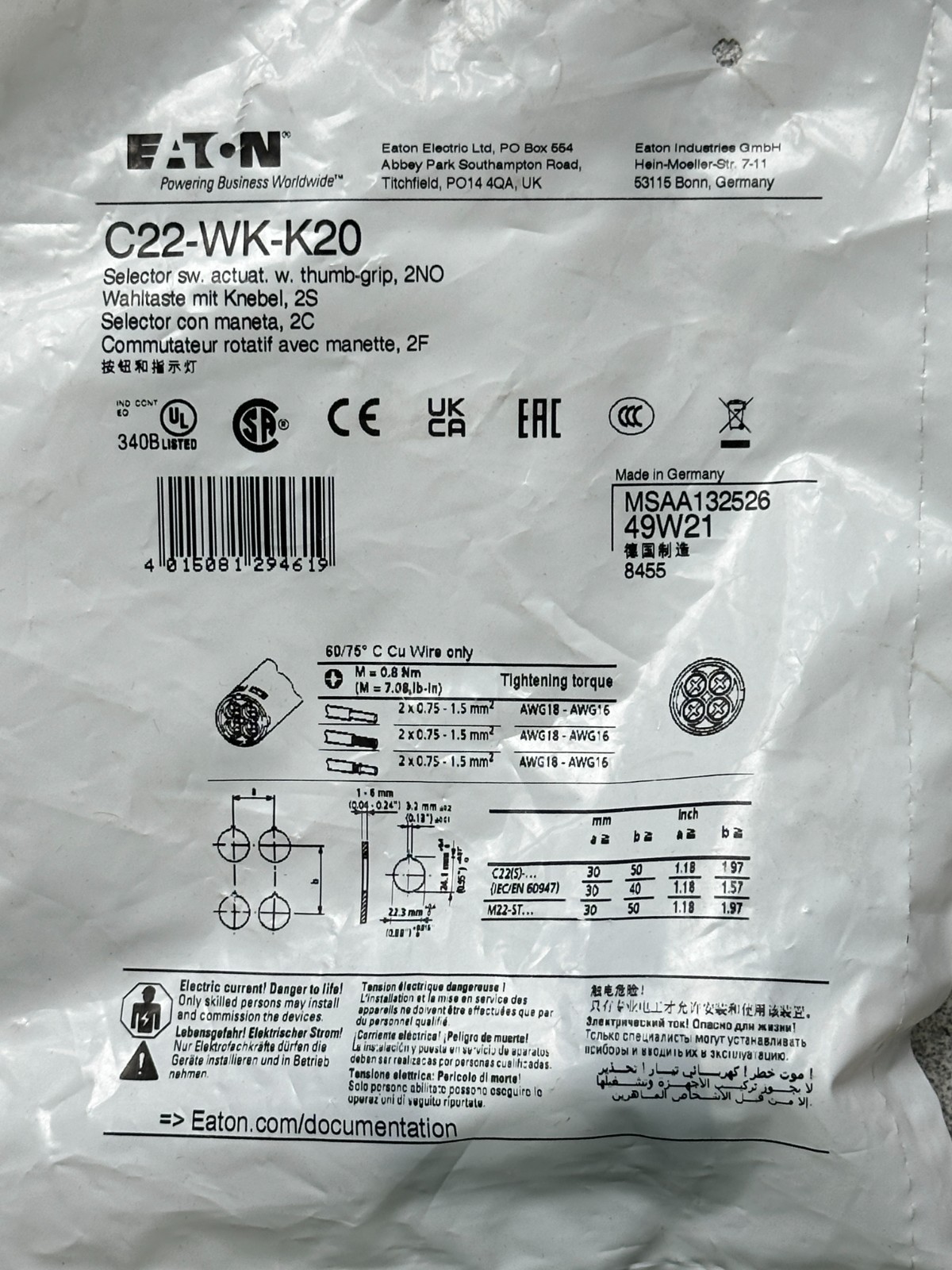 NEW Eaton C22-WK-K20 Selector Switch, 22.5mm, 2 Position, Momentary, 2NO