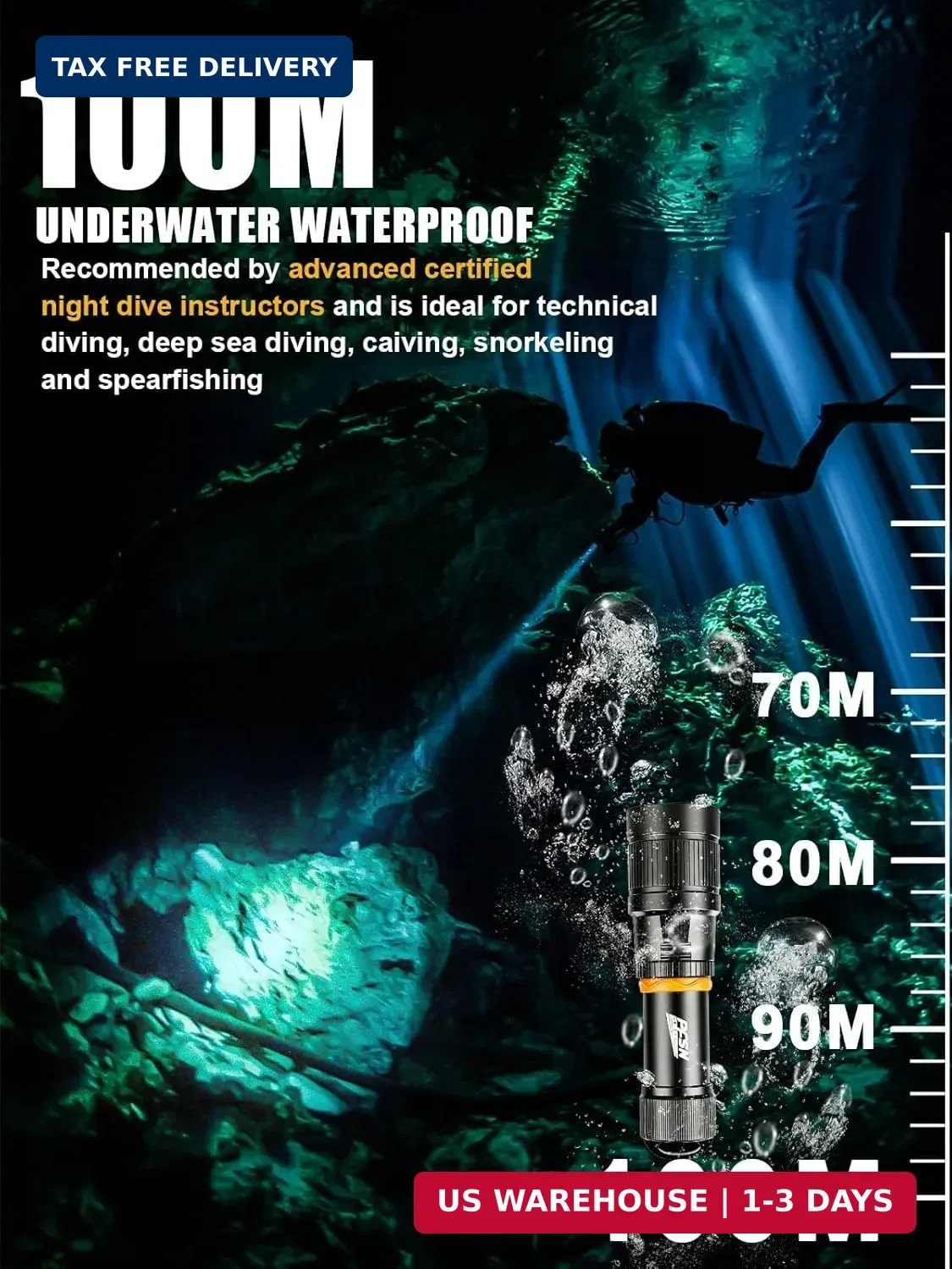 Scuba Dive Light Diving Flashlight - PFSN High Lumens Underwater Flashlight IPX6