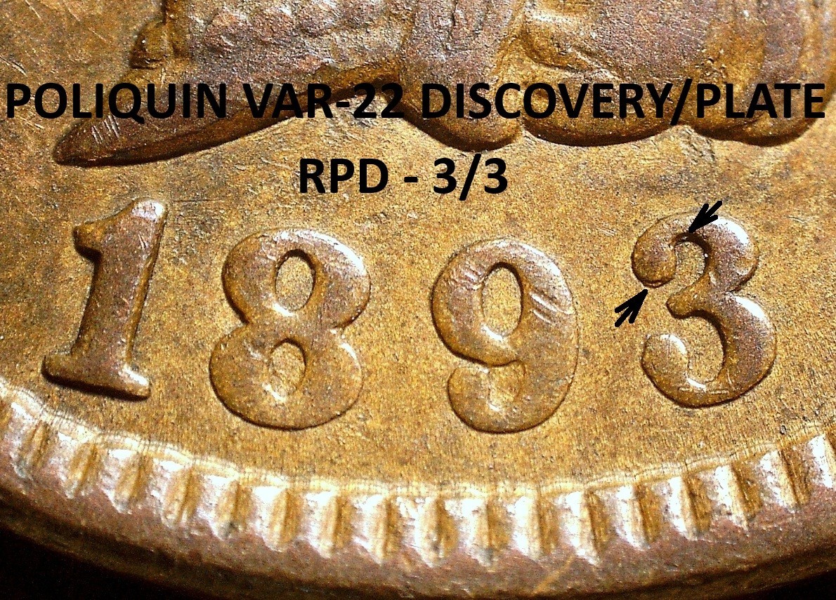 1893 Indian Head Cent - EXTRA FINE POLIQUIN VAR-22 PLATE, REPUNCHED DATE (J976)