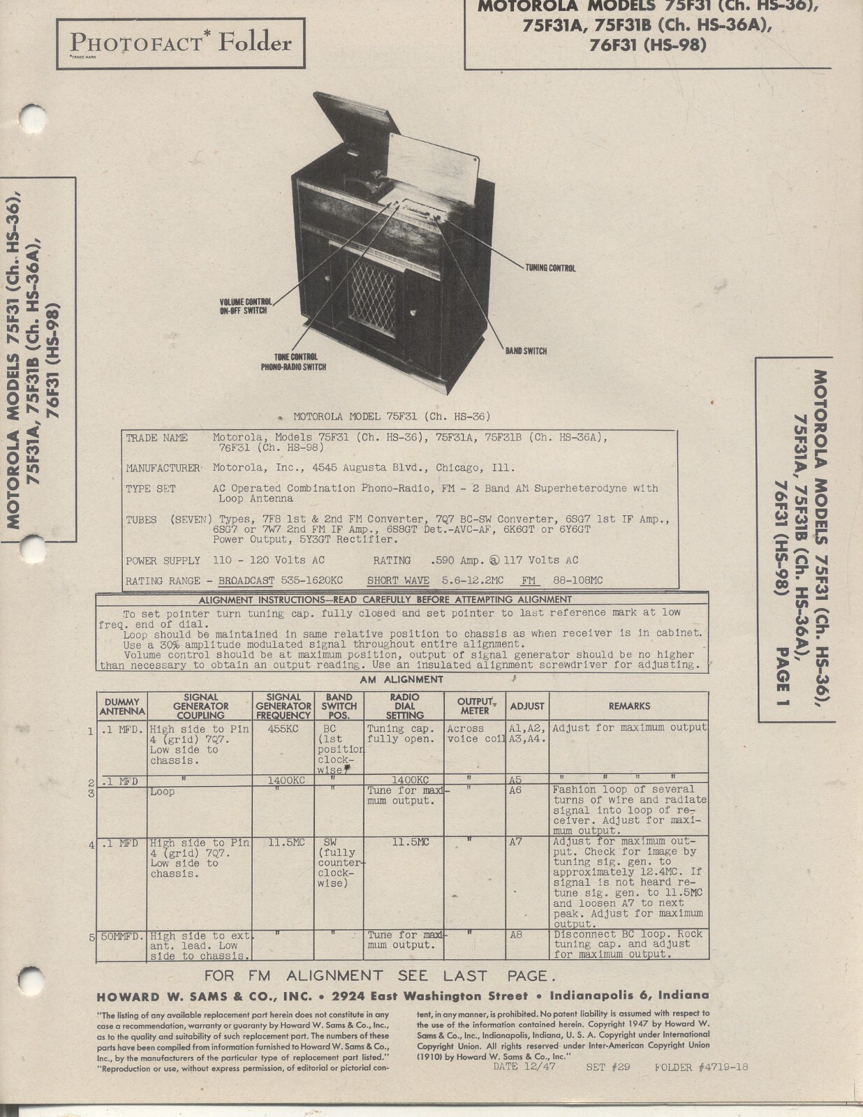MOTOROLA  75F31 Ch HS-36, 75F31A, 75F31B, 76F31, Photofact 1947, 8 Pages, NOS