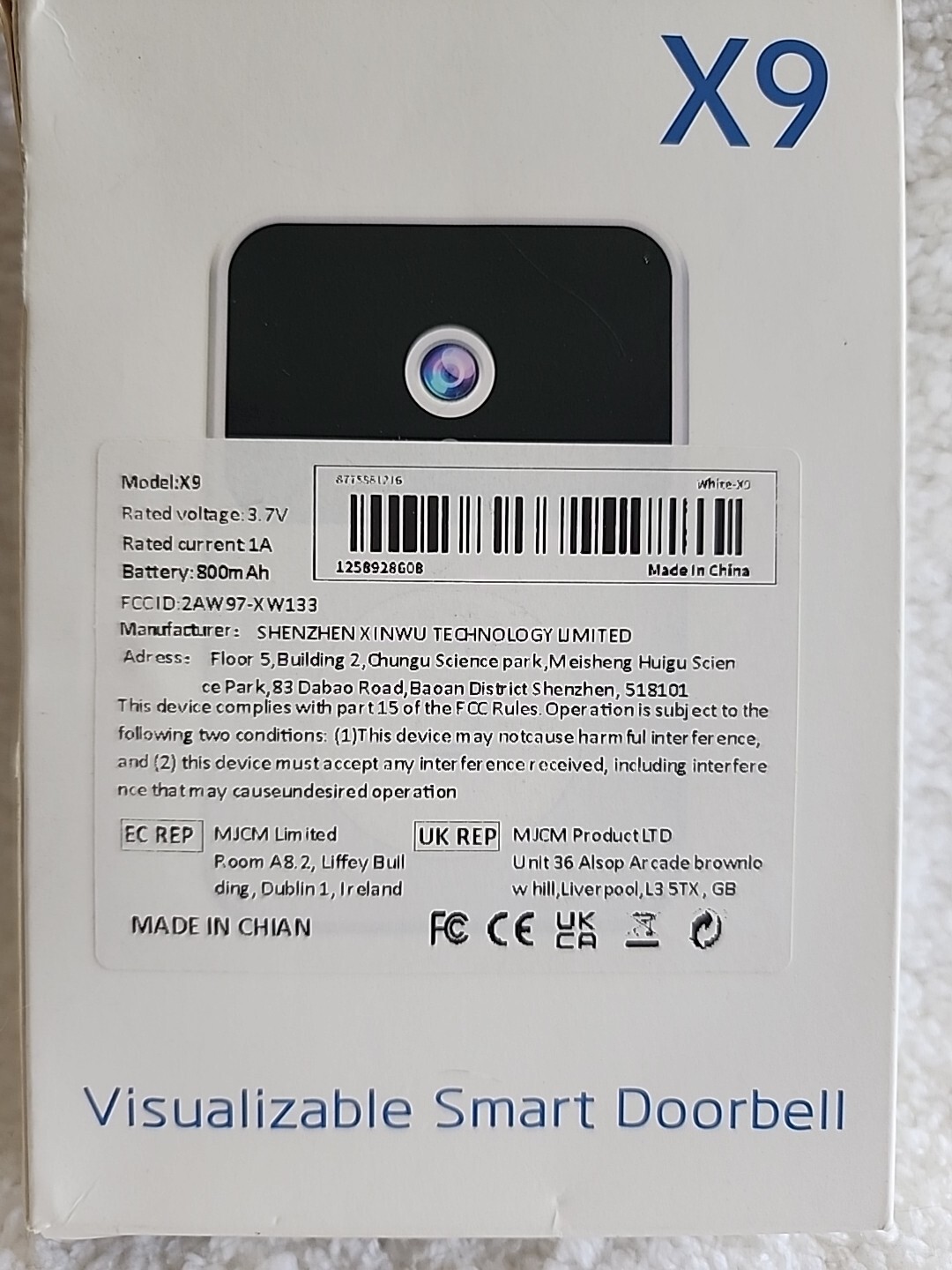 NEW SMART DOORBELL CAMERA VISUALIZABLE X9 BRAND WIFI WHITE WIRELESS