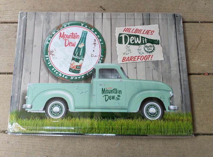 Mountain Dew Die cut Metal Tin Sign Large Garage Man Cave 12" x 17"  Green Truck