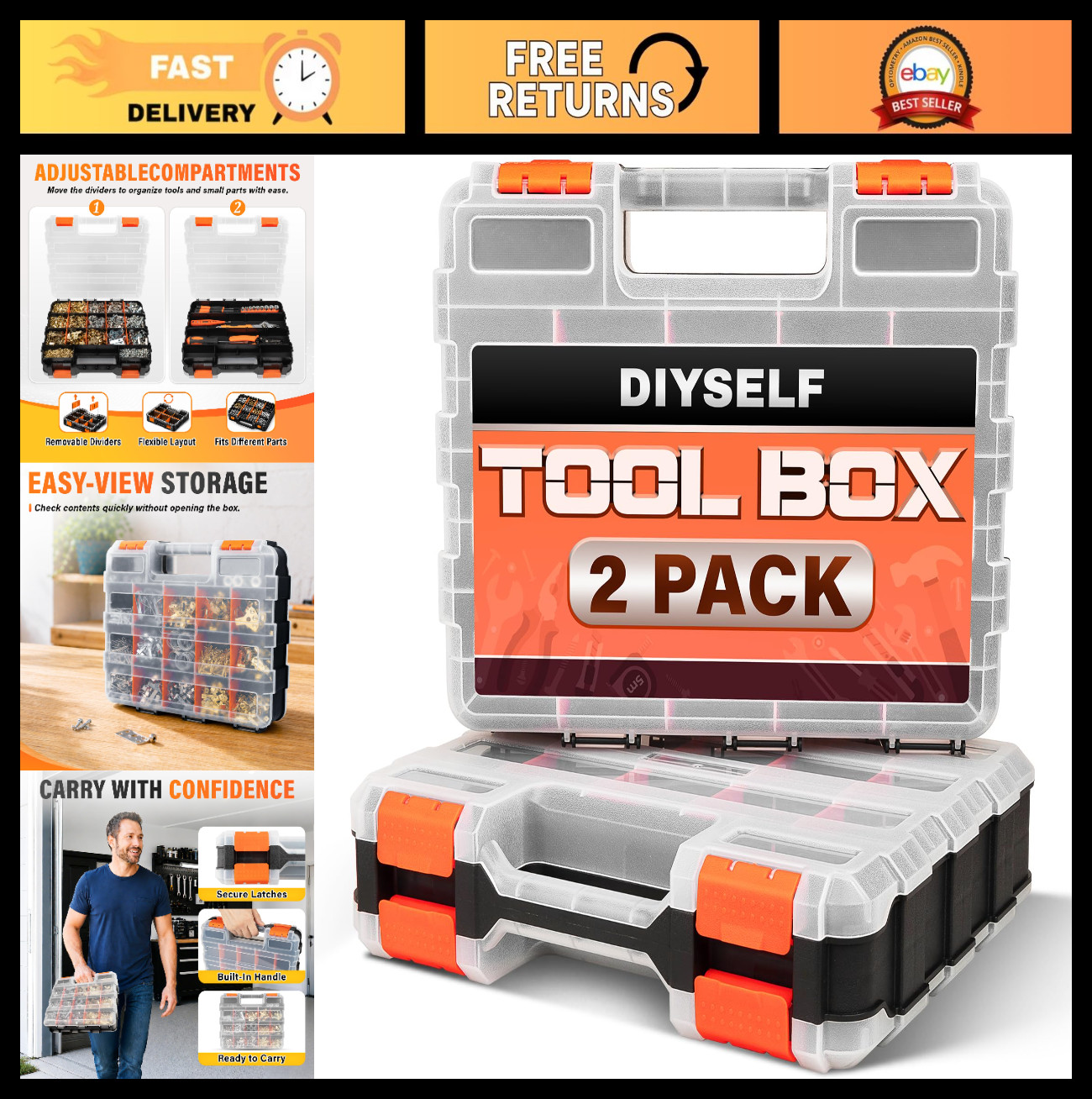 34-Compartment Small Parts Organizer - 2 Pack Hardware Storage, Secure Latches,