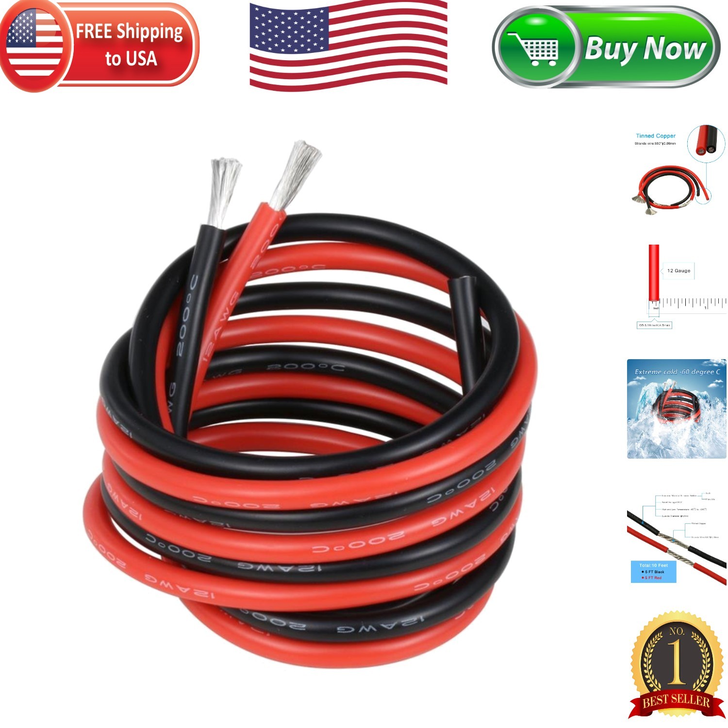 Ultra-Flexible 12 AWG Silicone Wire Kit - 5 ft Red & 5 ft Black - 680 Strands