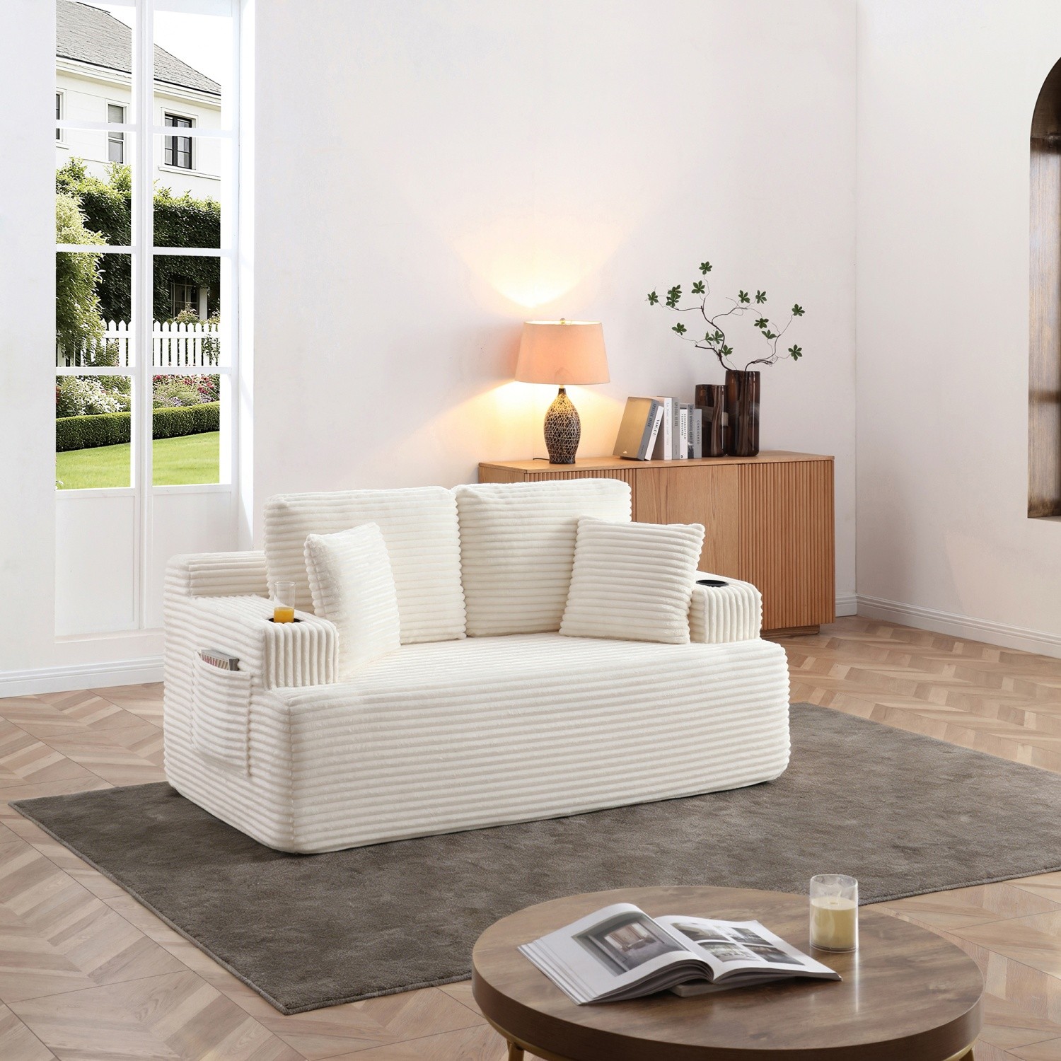 Floor Loveseat 2-Seat Corduroy Sofa w/ Cup Holders for Small Spaces No Assembly