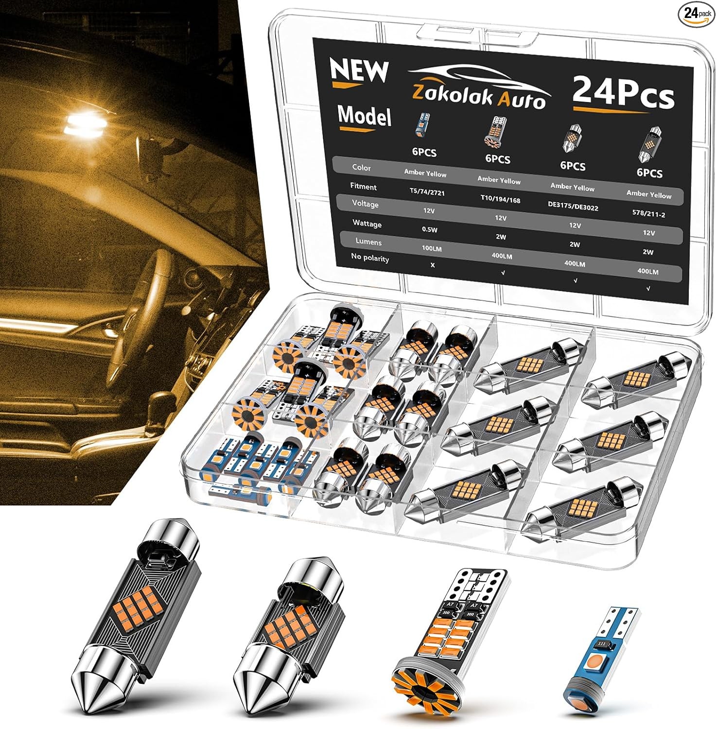 24PCS LED Interior Car Lights, Extremely Bright LED Bulb Kit, Amber Yellow