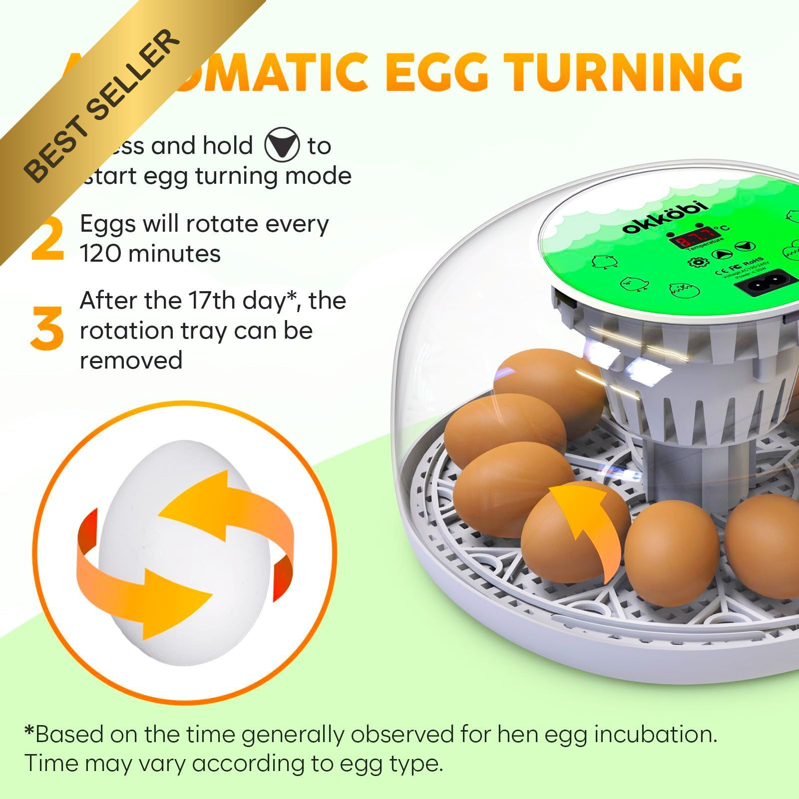 Okkobi M12 Egg Incubator Automatic Turner Humidity Control 12/24 Eggs White & Gr