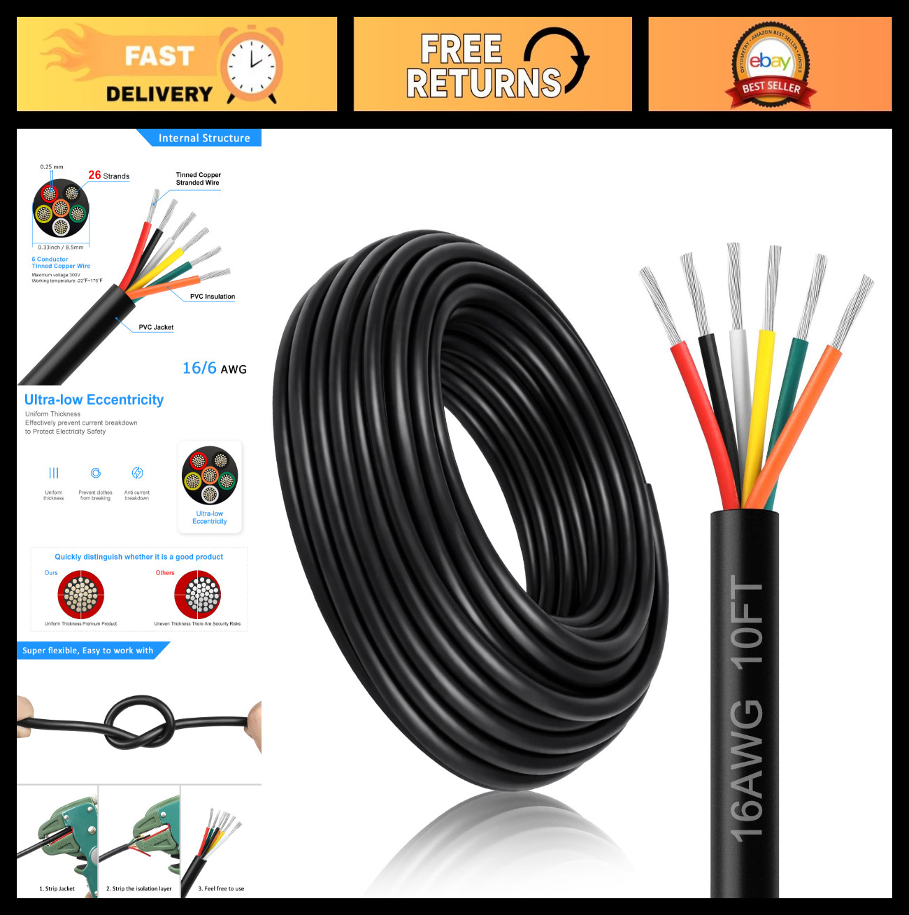 16AWG 6 Conductor Electrical Wire 10FT, Black PVC Stranded Copper Cable for LED,