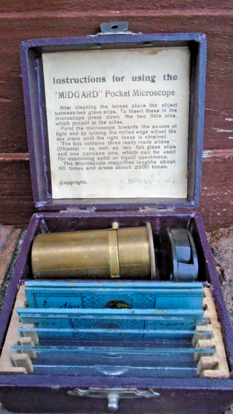 BOXED,"MIDGARD",GERMAN MADE ANTIQUE BRASS,STUDENTS,POCKET MICROSCOPE & SLIDES