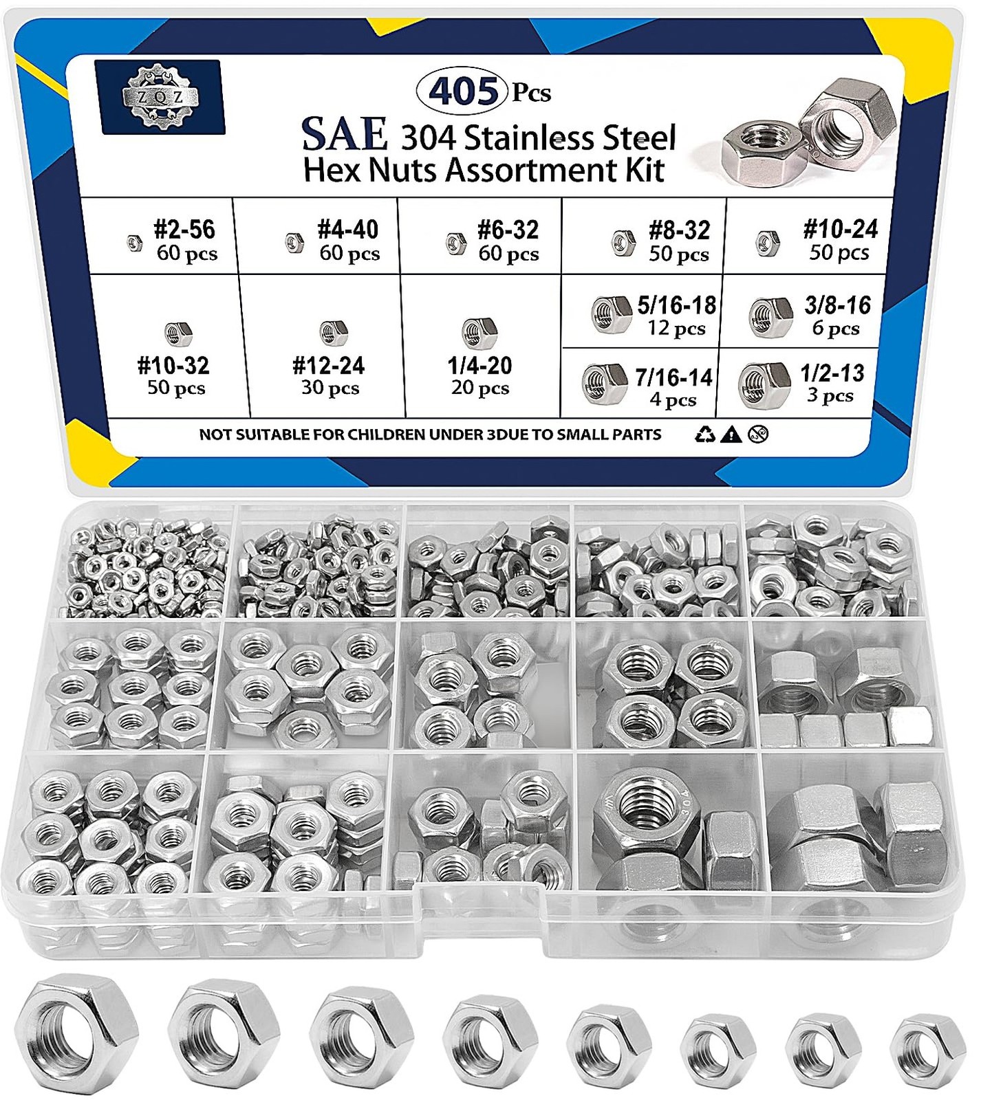 ZQZ 405 Pcs SAE Hex Nuts Assortment Kit, #2-56#4-40#6-32#8-32#10-24#10-32#12-...