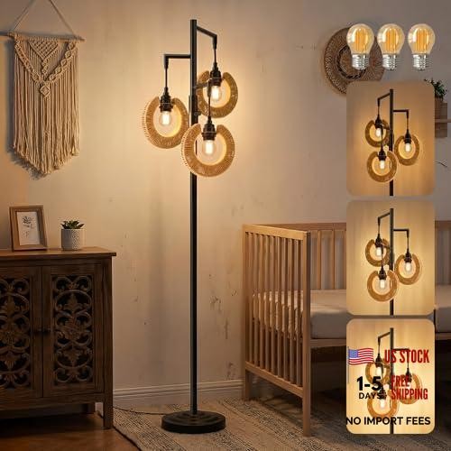 70" Boho Floor Lamps for Living Room - Stepless Dimmable Rattan Floor - Black