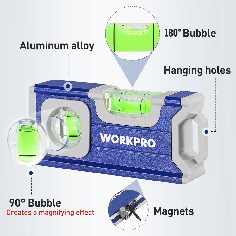 WORKPRO Small Level with 2 Bubble 90°/180° 4-1/2" Mini Level Tool Magnetic Level