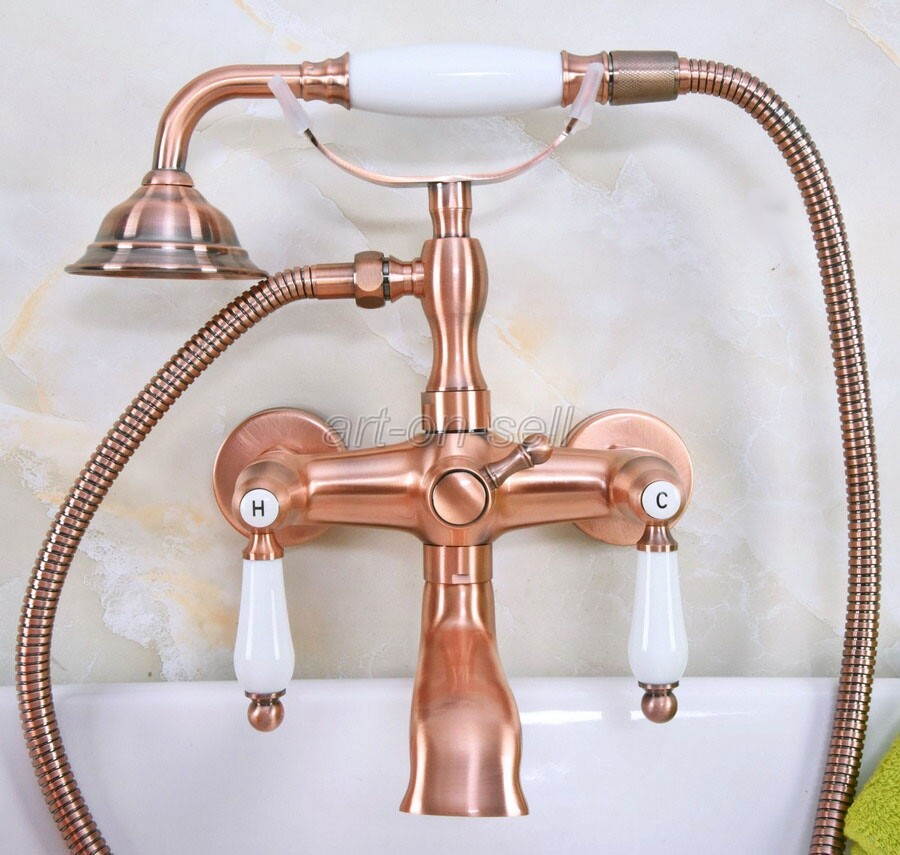 Red Copper Wall Mount Bathroom Clawfoot Bath Tub Faucet Filler w/ Hand Shower