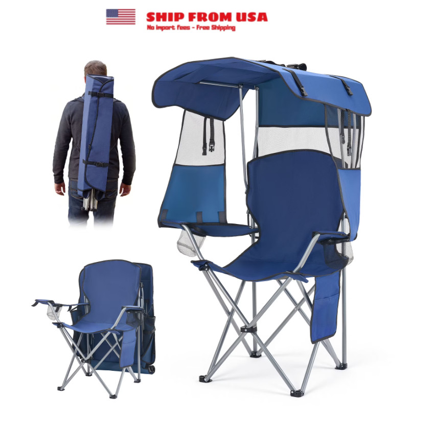 KFFKFF Folding Camping Chair with Canopy Shade, Portable Beach Chair with Storag