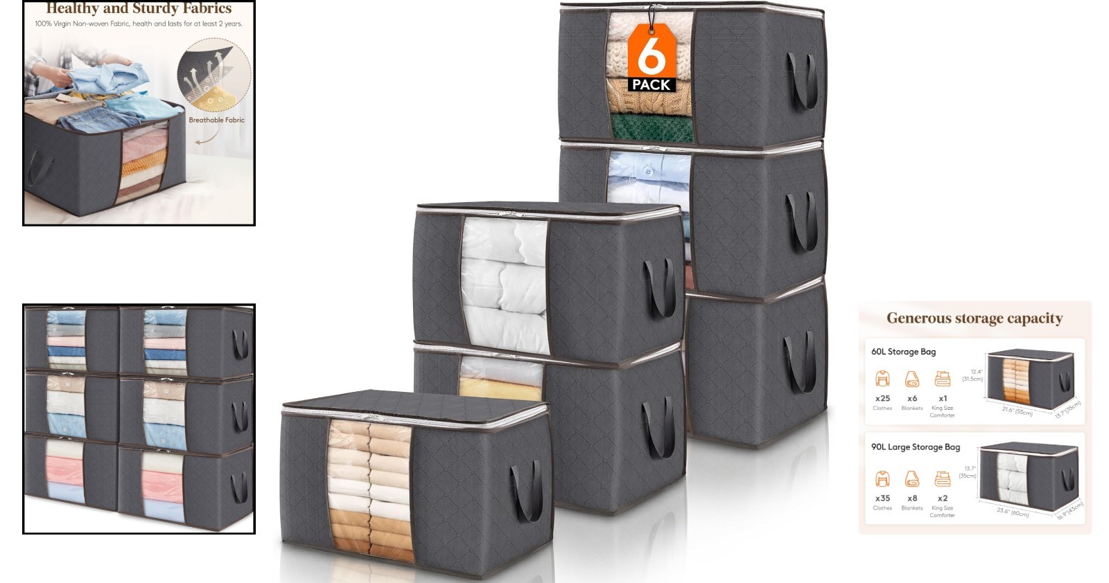 Elegant Storage Solution - 6 Pack Collapsible Bins with Clear Window and Zippers
