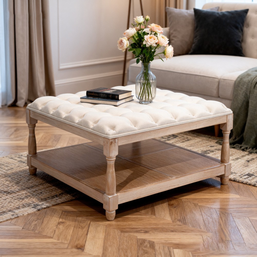 Large Square Coffee Tables for Living Room Tufted Upholstered Linen Ottoman