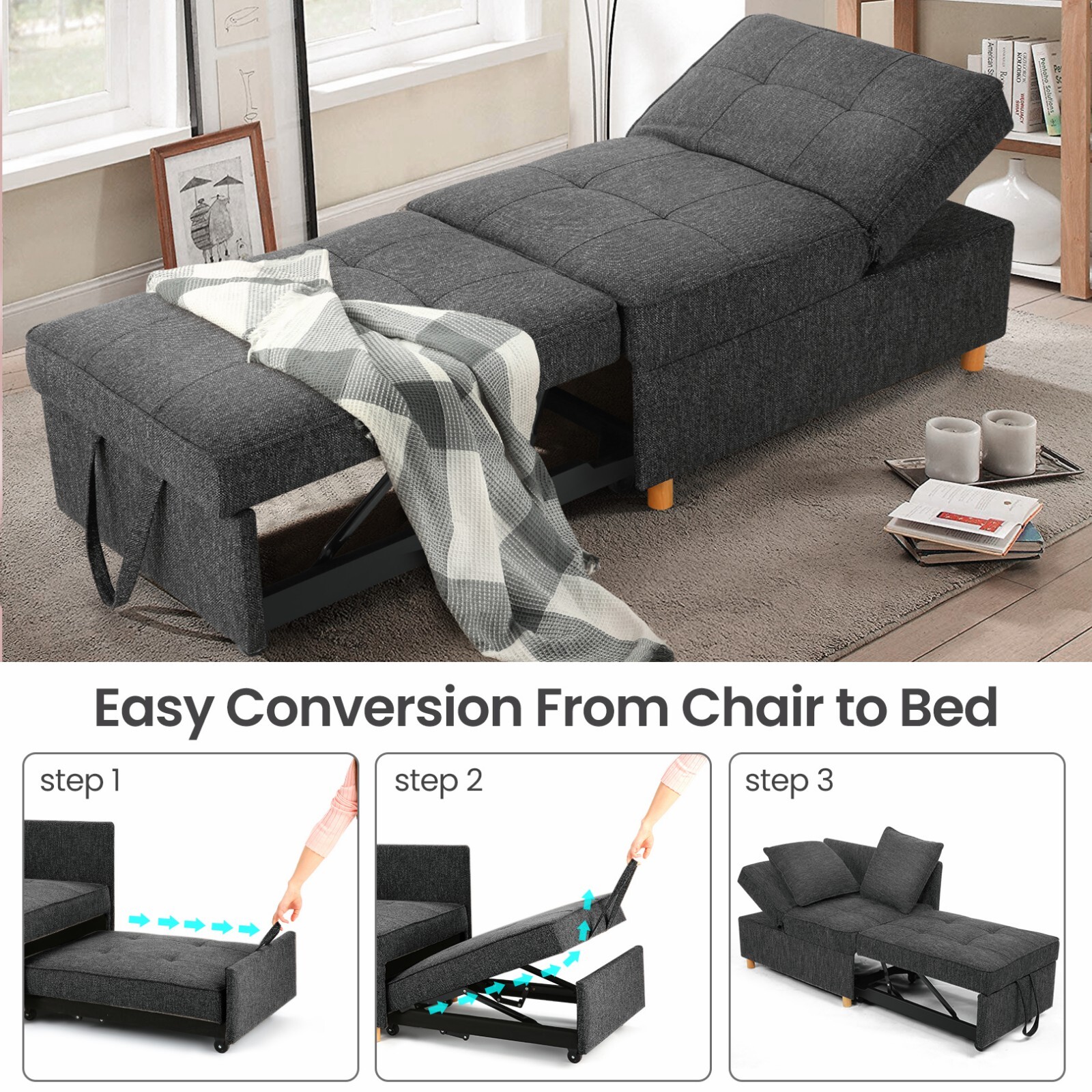 Folding Ottoman Sofa Bed Chair 4-in-1 Sleeper Sofa Adjustable Backrest+2 Pillows