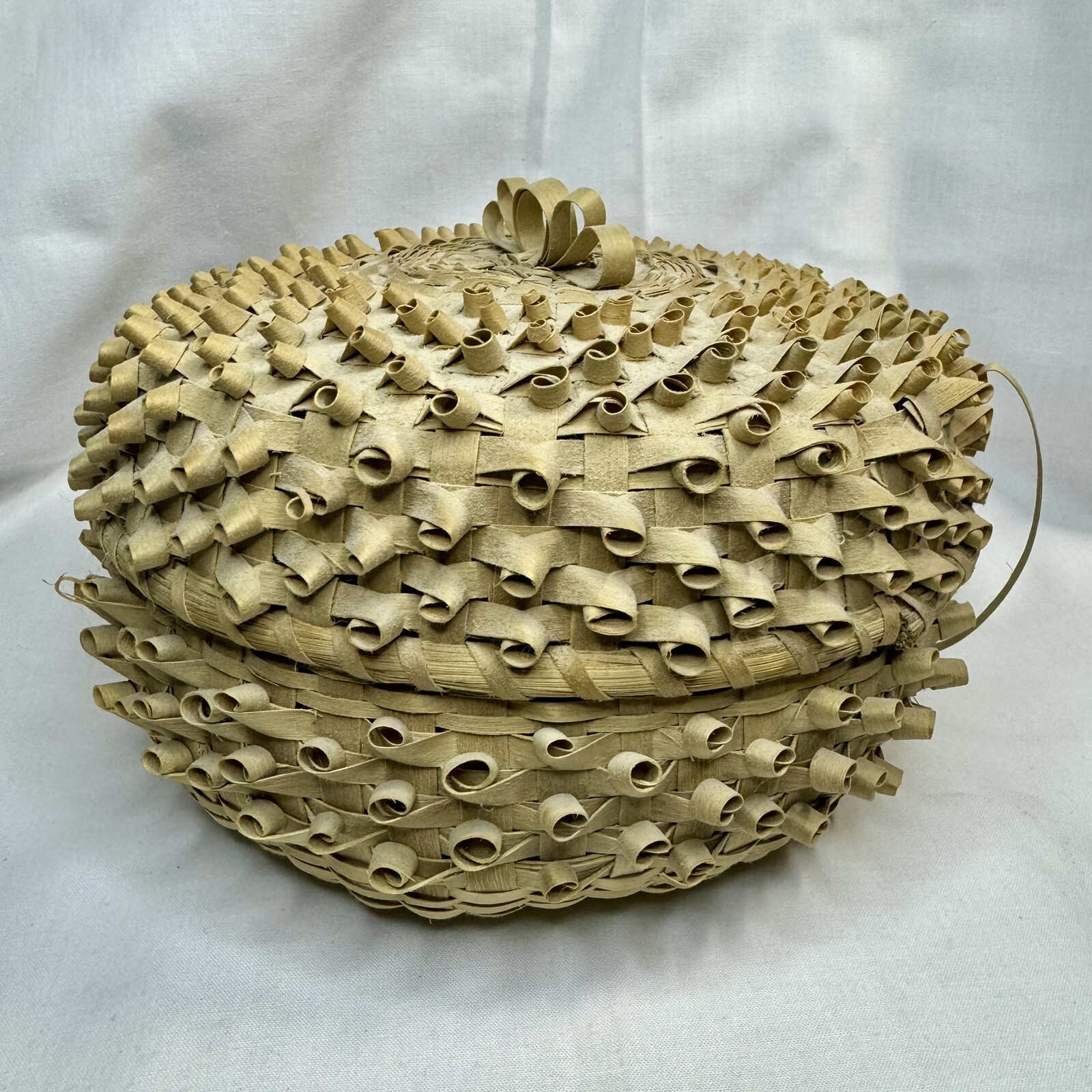 Handmade Vintage Porcupine Coil Curl Basket Native Indian Reed Lidded Weave