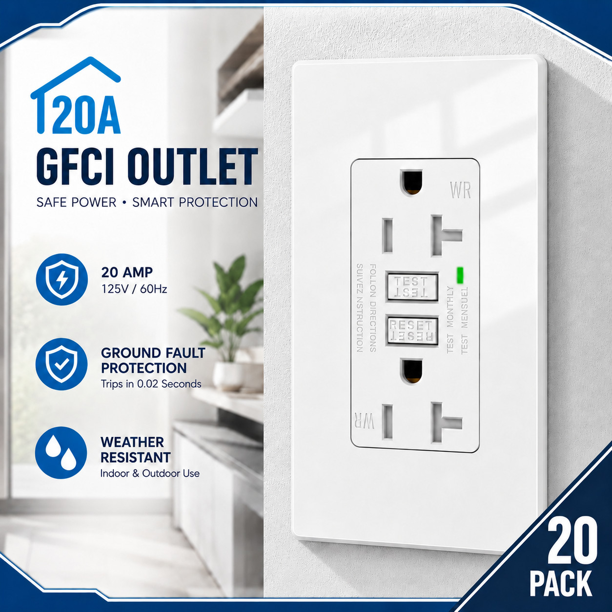 20A GFCI Outlet 1/40s Fast Trip ETL Listed Shock Proof Weather Resistant White