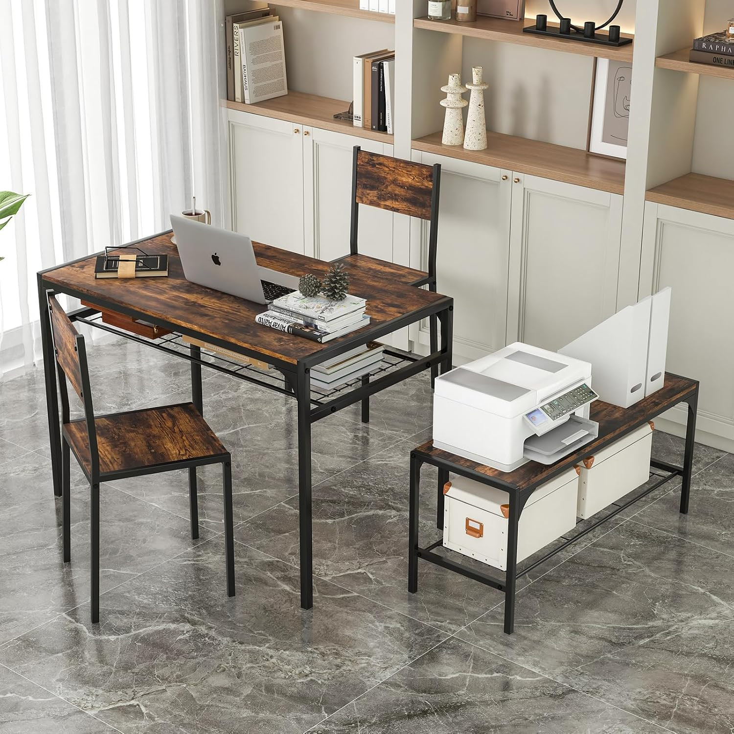 Dining Table Set for 4, Kitchen Table with Chairs & Bench, Storage Racks, Metal