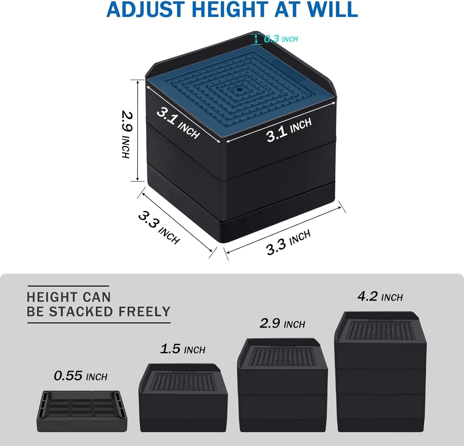 Stackable Bed Risers for Enhanced Storage - 1300 lb Capacity, 3 Inch Elevation