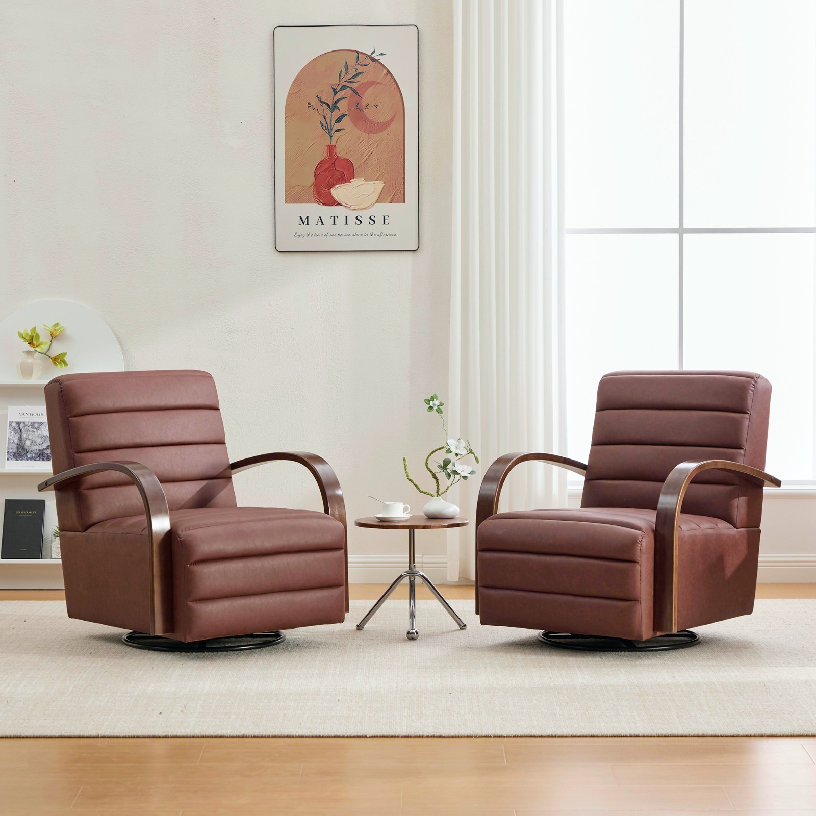 360° Swivel Accent Chair, Tufted with Wood Armrests, Brown