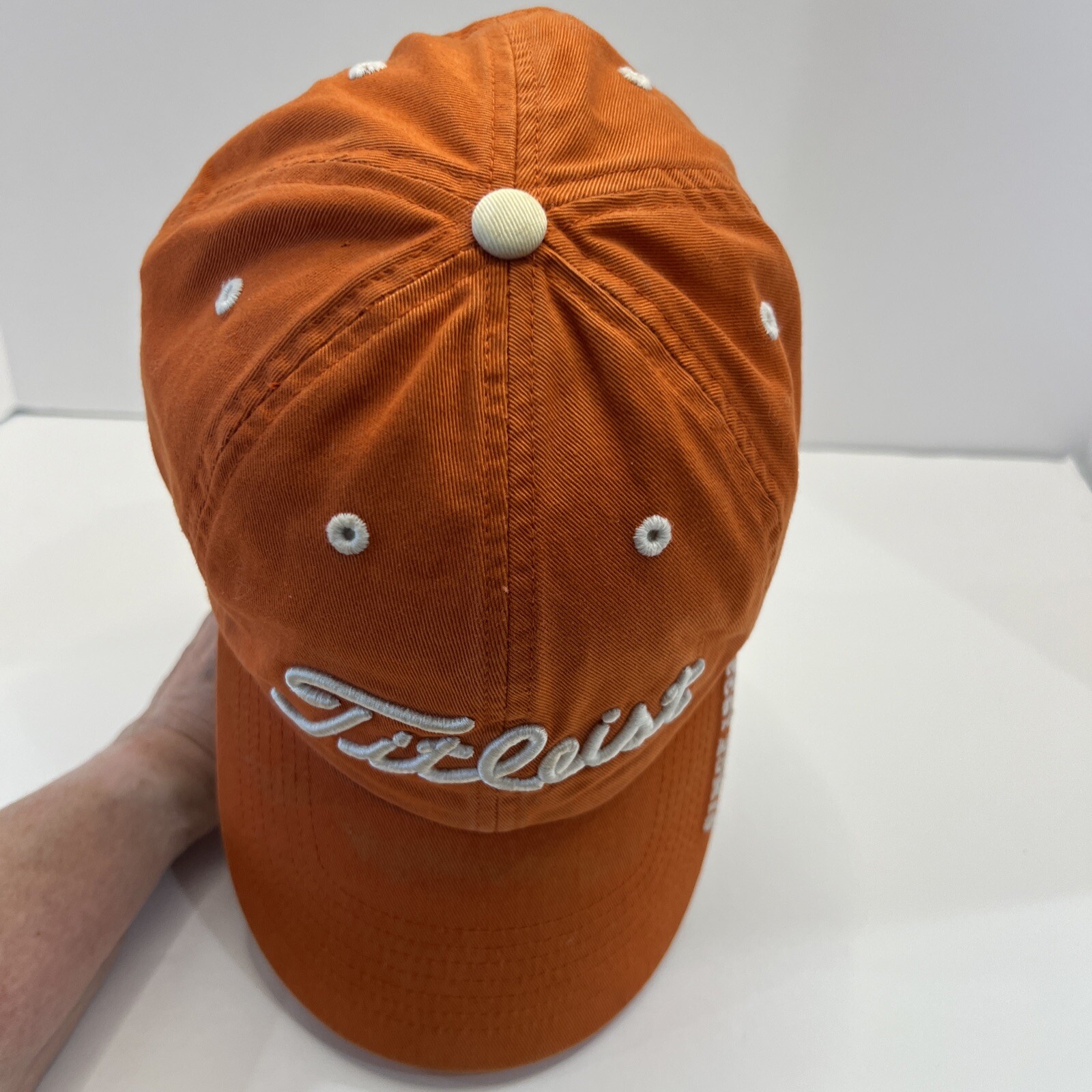 Titleist Thick White Script Embroidered on Orange Hat Cap Cotton Strap Buckle