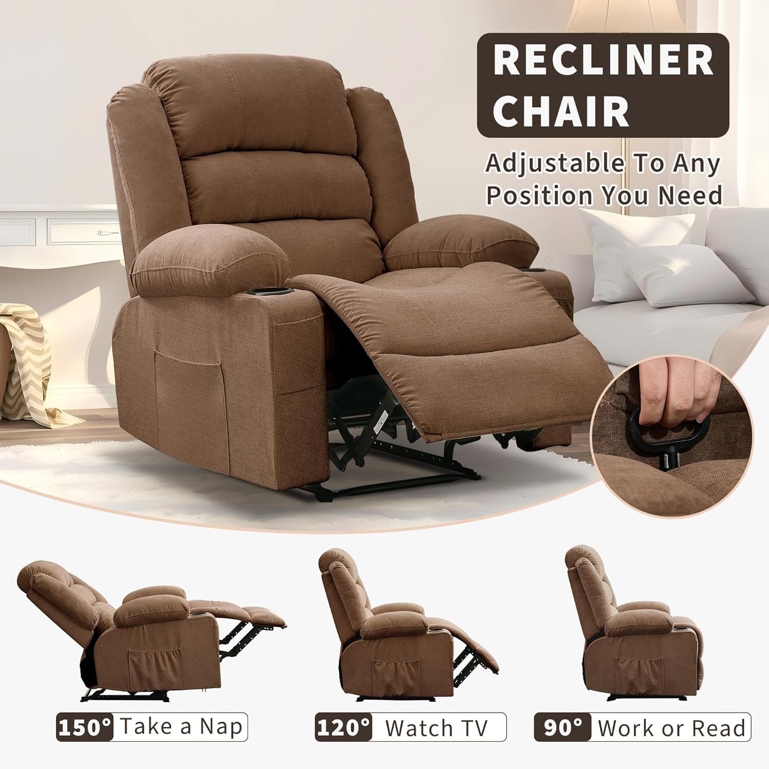 Recliner with Cup Holders & Storage Pockets, Brown Chair Ideal for Home Theater
