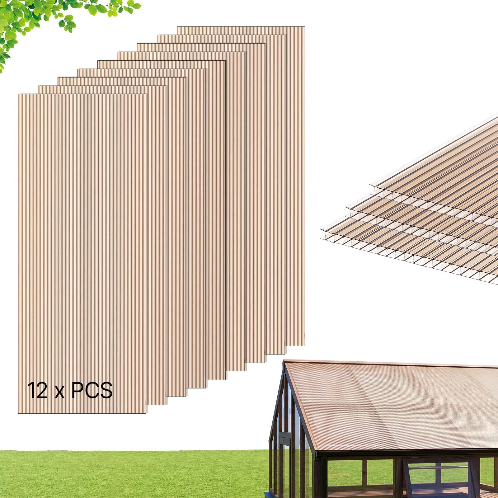 Roof Panels, 12Pcs Polycarbonate Roofing Panels Double Layer, High Impact Corrug