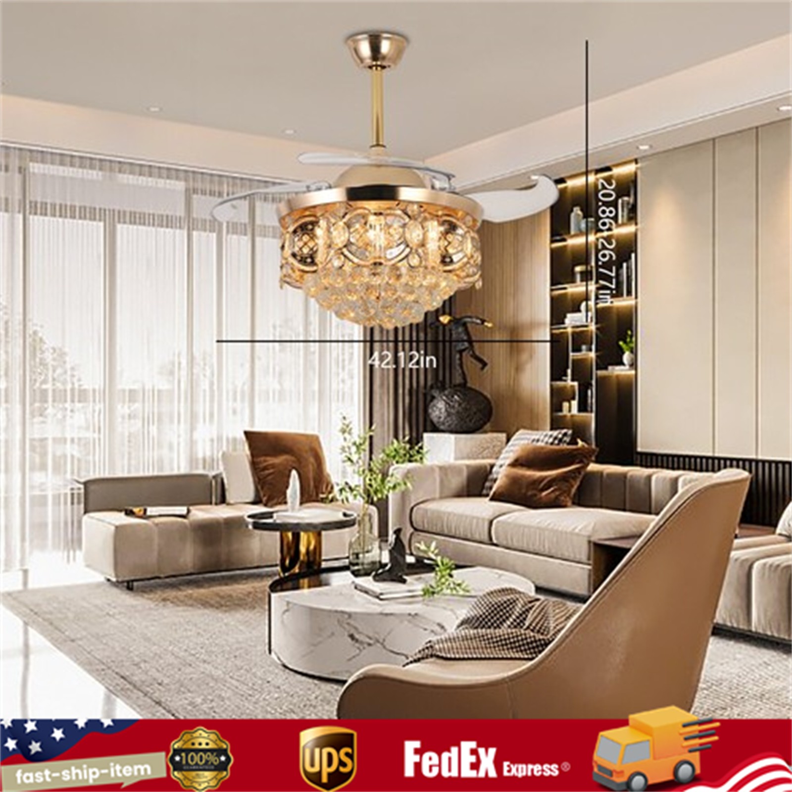 Modern 42" Crystal LED Invisible Ceiling Fan Chandelier Lamp Light w/Remote Gold