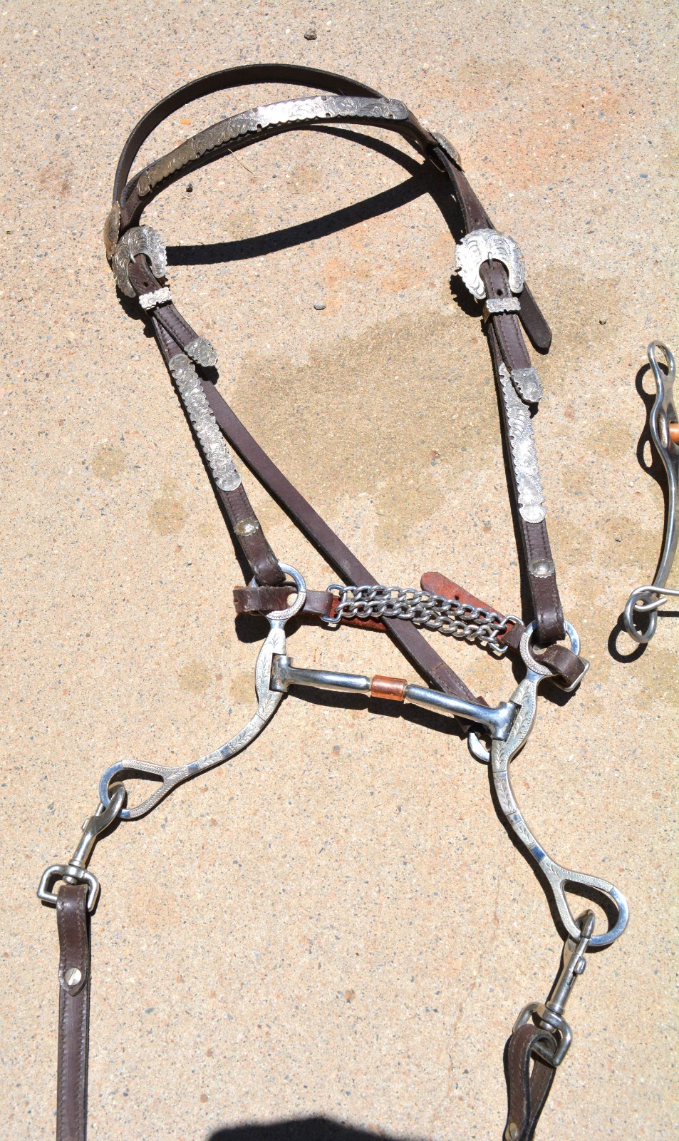 Horse size headstall, rein, curb chain & engraved bit + a bit + 2 sets of reins