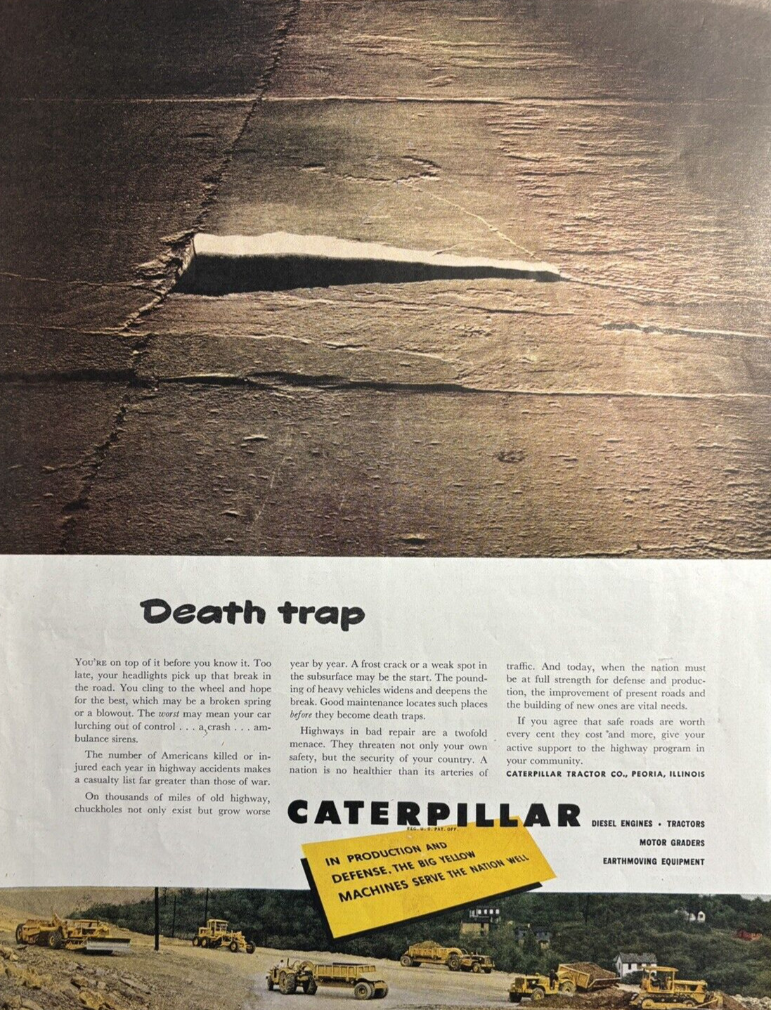 1951 Caterpillar Diesel Engines Tractors Graders Road Hazard Vintage Print Ad