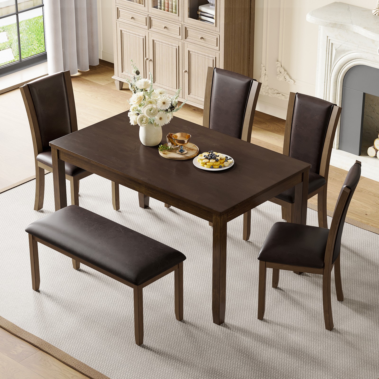 6-Piece Dining Table Set with Bench and Chairs, Wooden dining table set for 6