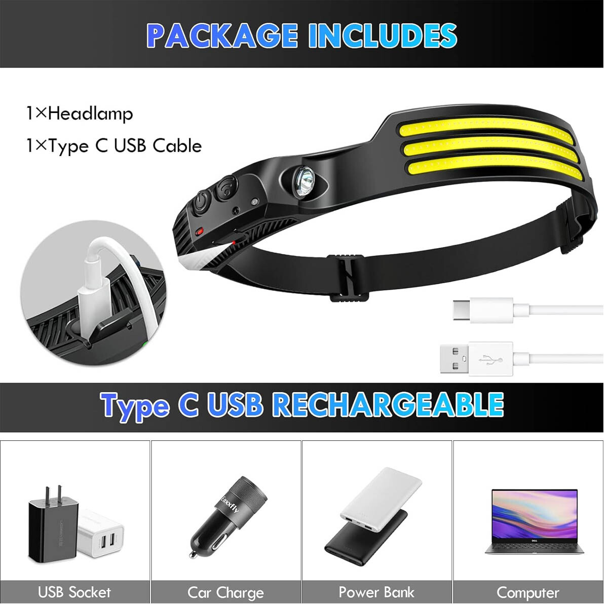 Outdoor Headlamp Night Light LED Motion Sensor Head Torch Headlight Lamps