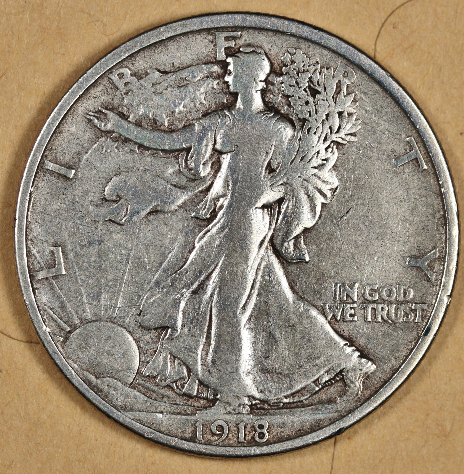 1918-d Walking Liberty Half.  Strong F-VF.  194598