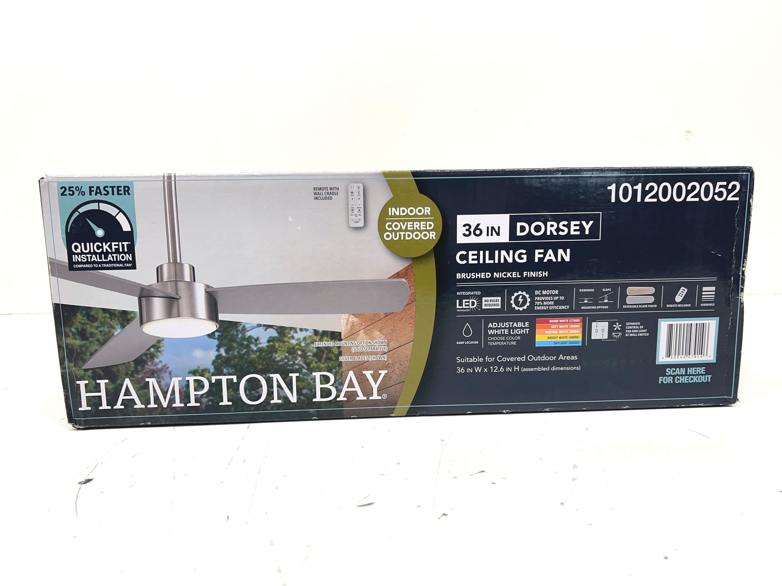 Hampton Bay Dorsey 36in. Indoor/Outdoor Brushed Nickel Ceiling Fan W/Remote