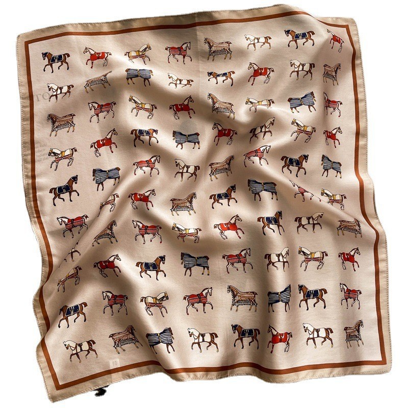 100% Silk Small Scarf Women Neckerchief Bandana Fashion Champagne Horse 53*53cm