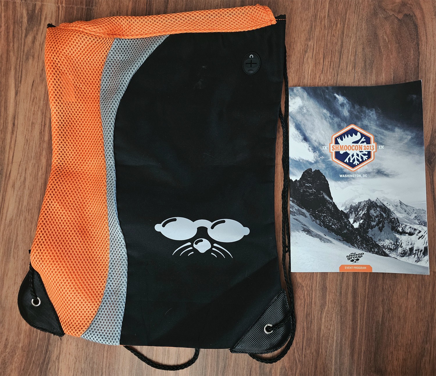 SHMOOCON Infosec Washington DC swag - string backpack/bag and program IX 2013