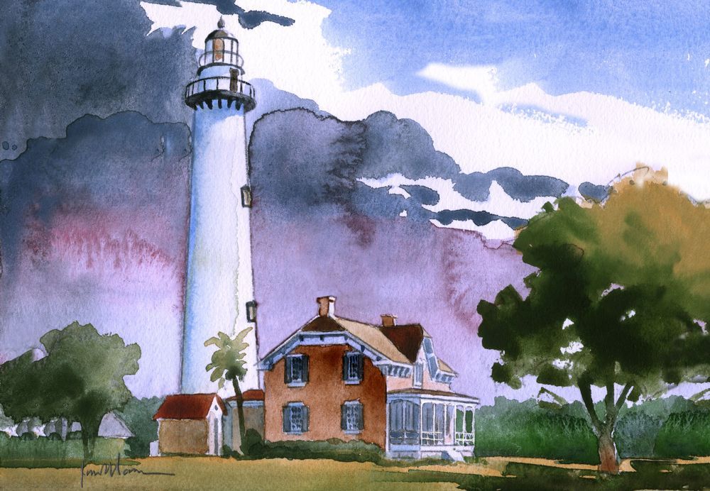 St. Simons Island Lighthouse, Georgia Landscape. James Mann Watercolor Notecards