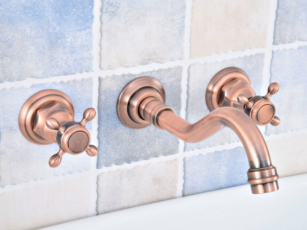 Antique Red Copper Brass 3 Holes Wall Mount Bathroom Tub Sink Faucet Tap ssf521