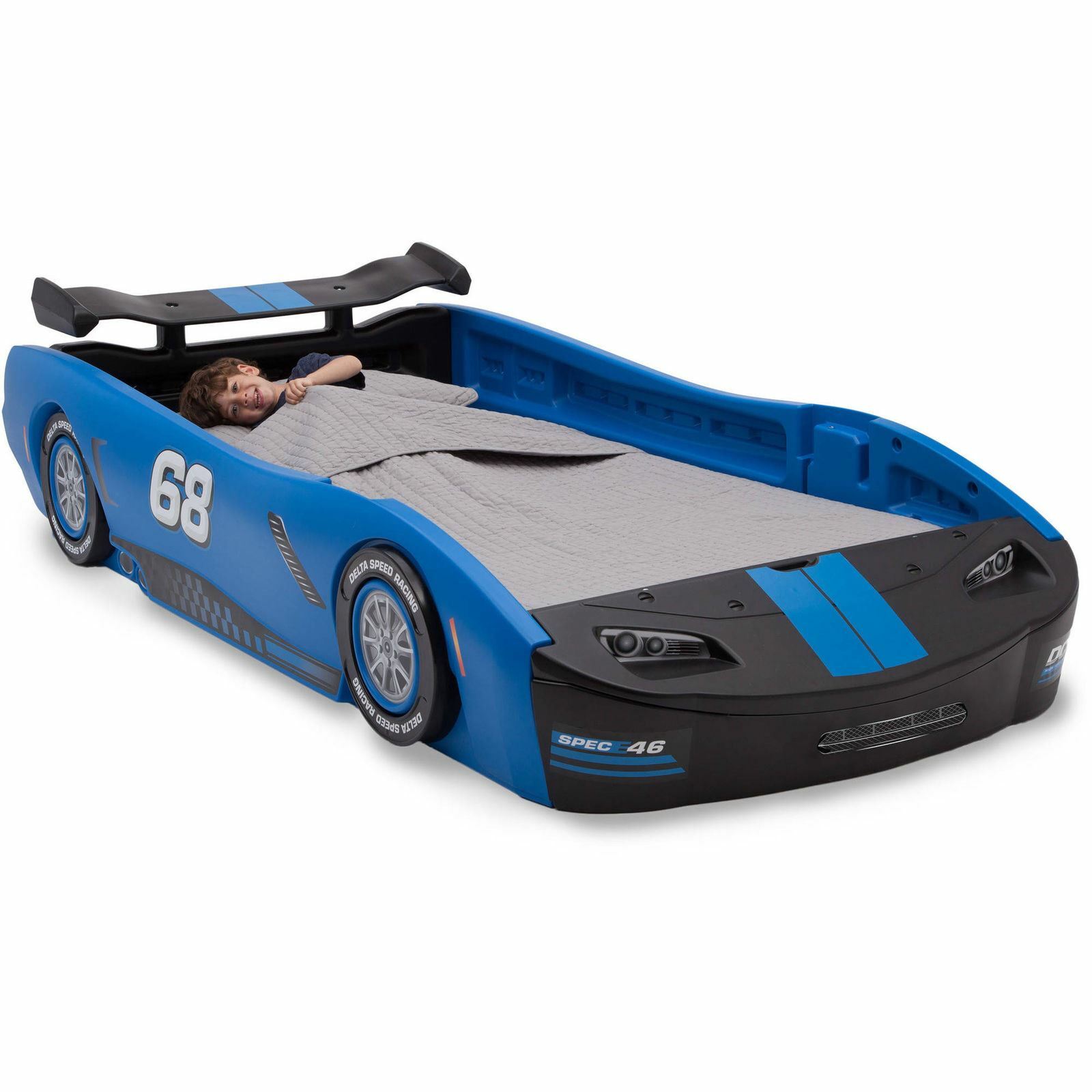 Boys Blue Race Car Bed Frame Twin Size Platform Plastic Kids Bedroom Furniture