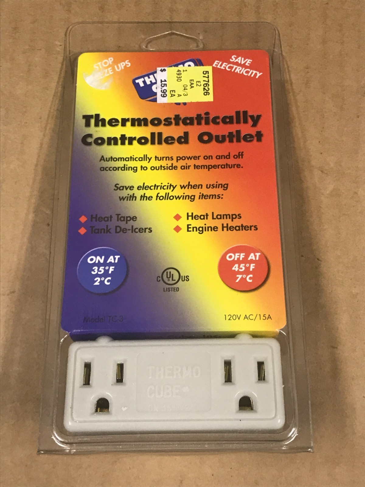 Thermo Cube TC-1 Thermostatically Controlled Outlet- On At 35, Off At 45 Degrees