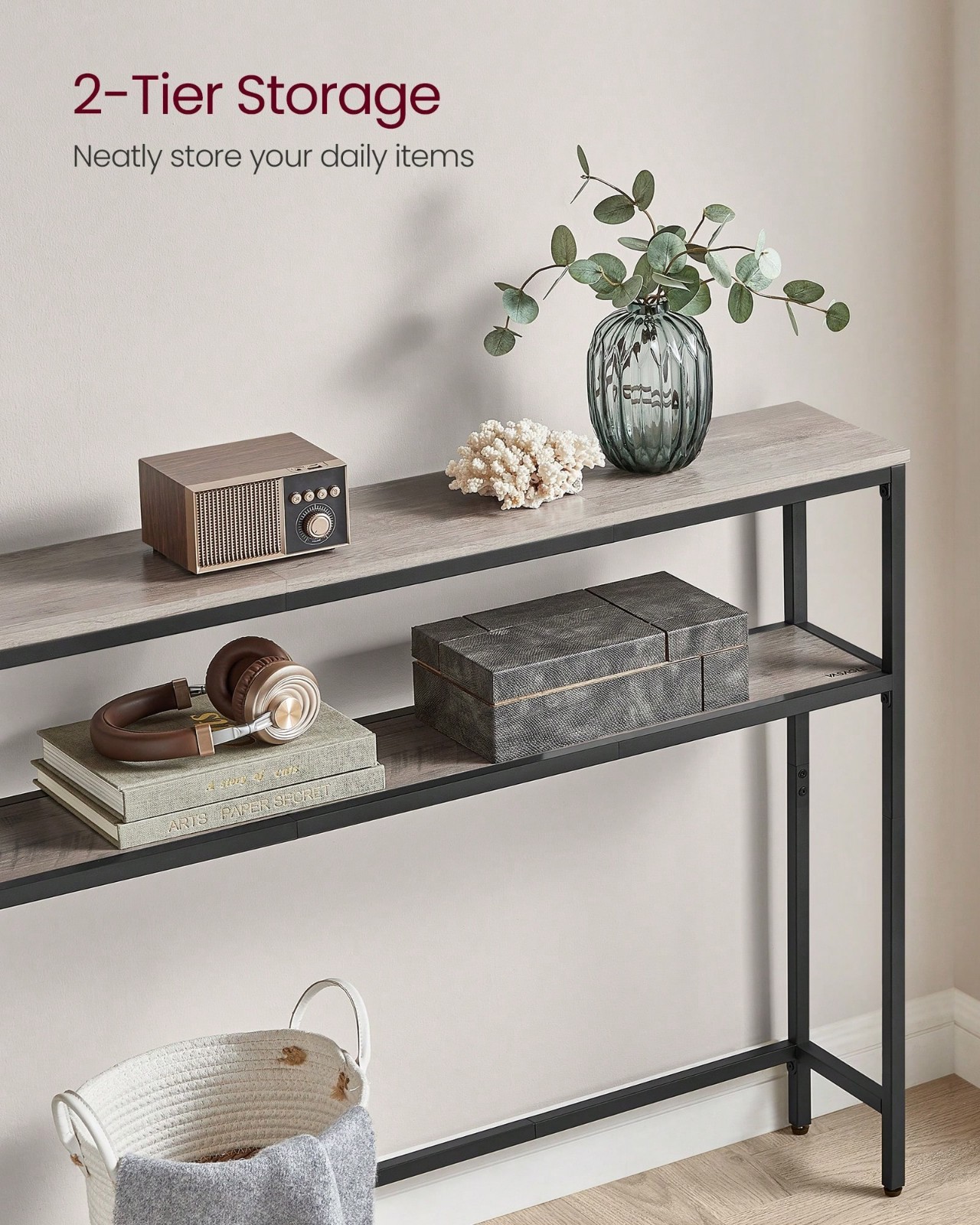 39in Narrow Console Table 2 Tier Sofa Entryway Table Steel Frame Storage Shelf