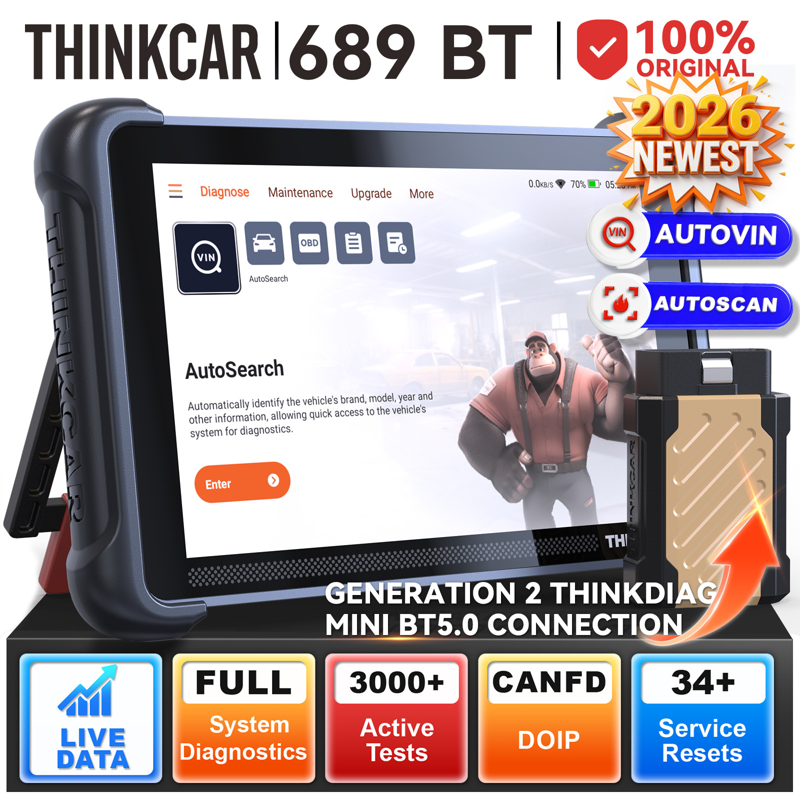 ThinkScan 689BT Car Diagnostic Tool OBD2 Scanner Bidirectional 34+Reset Lifefree