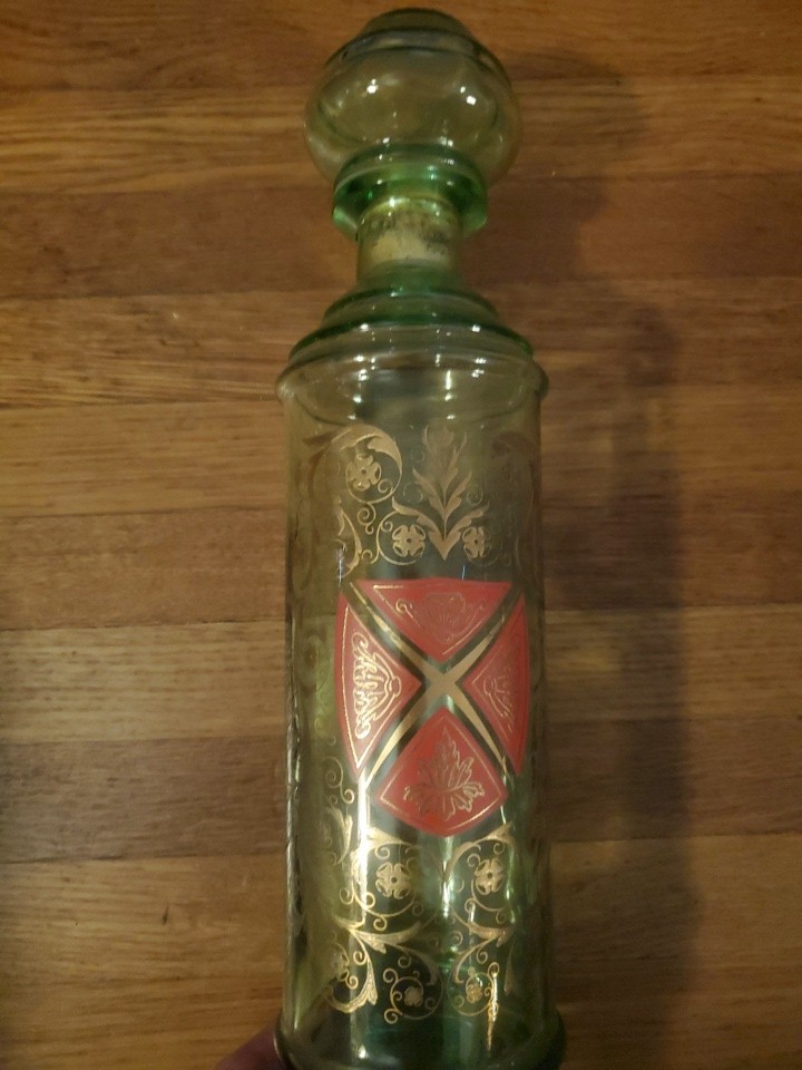 Vintage Old Fitzgerald Green Glass Whiskey Decanter - Red Shield & Gold Filigree
