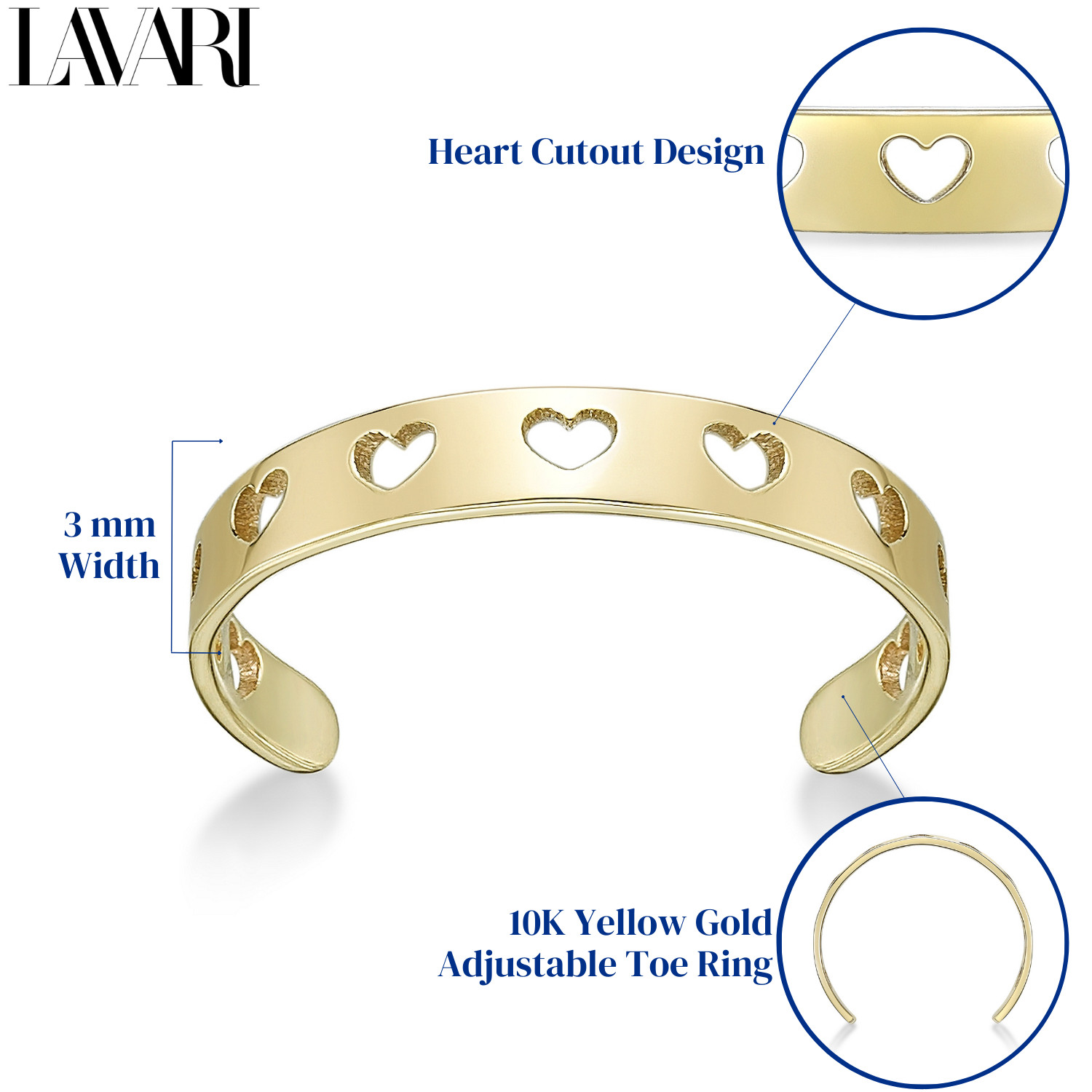 10K Yellow Gold Heart Cutout Adjustable One Size Band Toe Ring Gift For Women