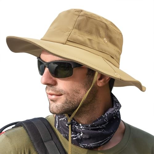 Sun Hats for Men Women UPF 50+ Waterproof Breathable Wide Brim Bucket Khaki