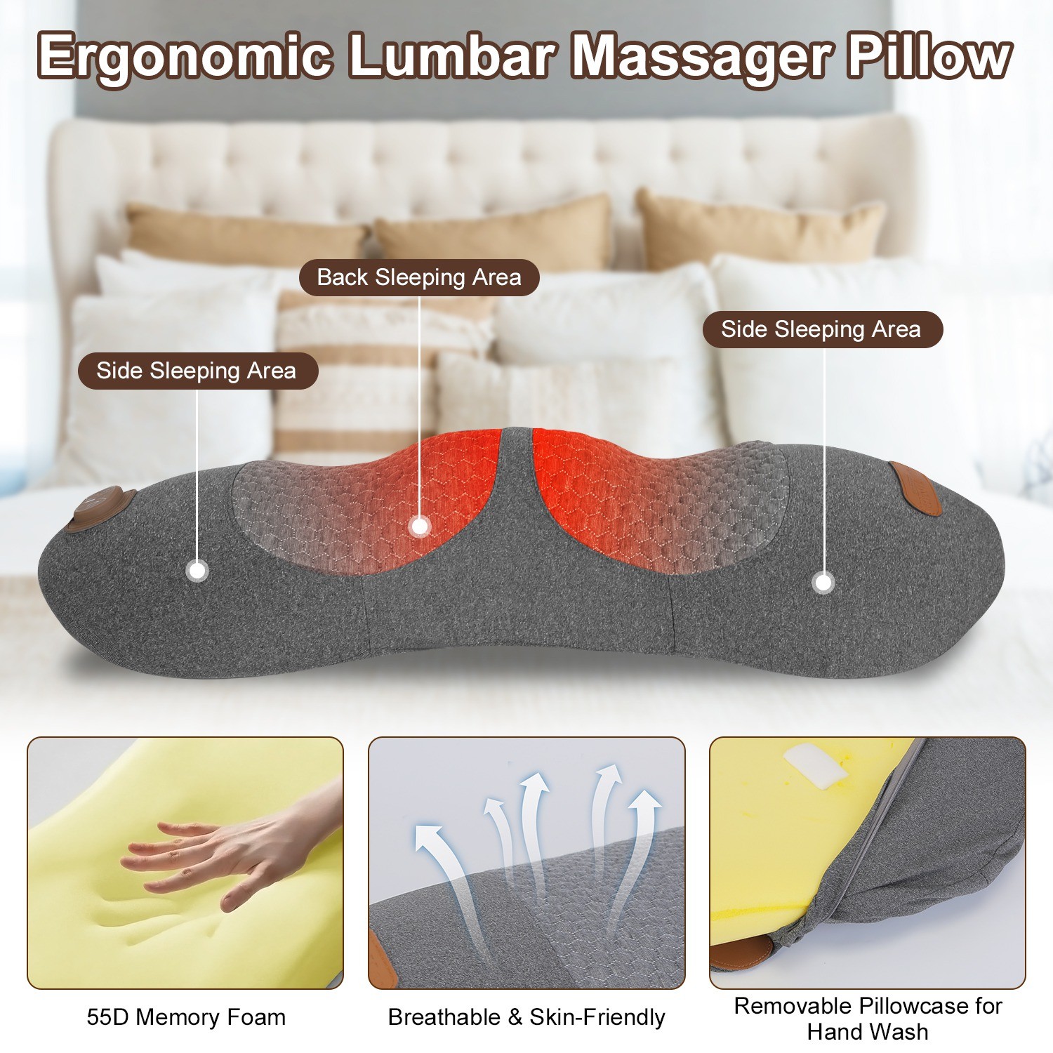 3 In 1 Electric Lumbar Massager Support Pillow Memory Foam Lower Back Massager