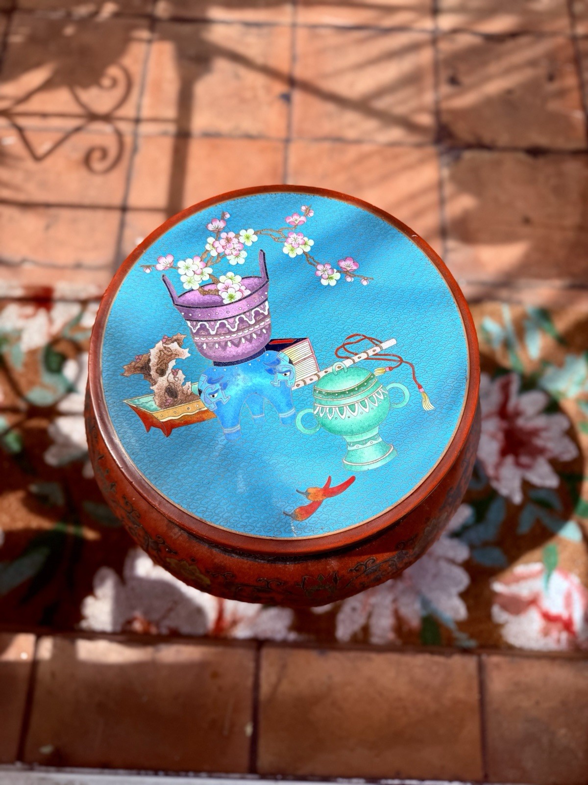 Vintage Hand-Painted Asian Lacquer Drum Stools – Red Floral Chinoiserie